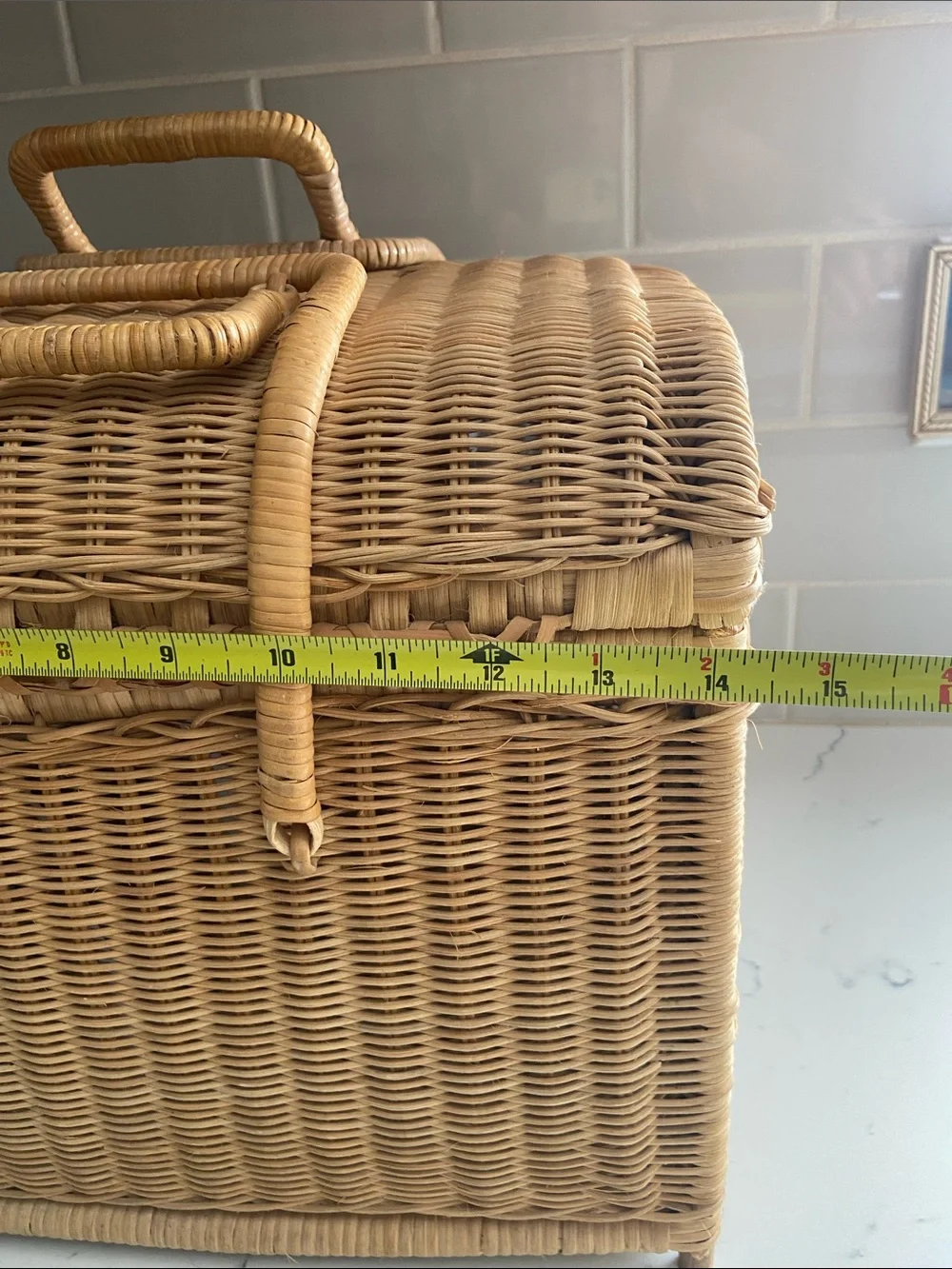 Vintage Wicker Storage Basket w Handle Boho Rattan Sewing Craft Chest